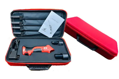 Red and black tool kit with a cordless drill inside an open red case on a white background
