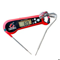 Digital thermometer with a red casing and visible brand logo on a white background