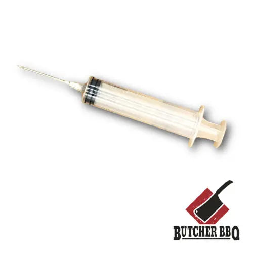 Syringe with needle on a white background, featuring the Butcher BBQ logo.