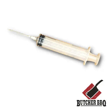 Syringe with needle on a white background, featuring the Butcher BBQ logo.