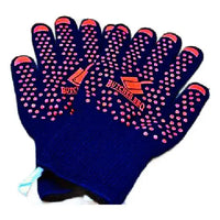 Blue barbecue gloves with pink textured palm and 'Butcher BBQ' branding on a white background