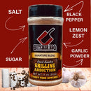 Butcher BBQ seasoning blend with labeled ingredients on a red background