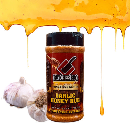 Butcher BBQ Garlic Honey Rub with garlic and honey on a white background