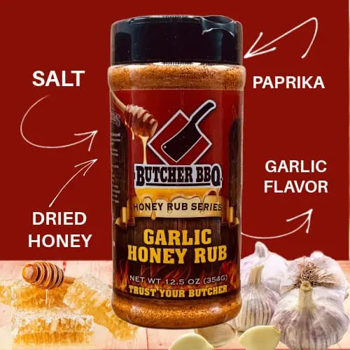 Butcher BBQ Garlic Honey Rub with ingredients labeled on a red background