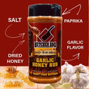 Butcher BBQ Garlic Honey Rub with ingredients labeled on a red background