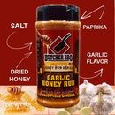 Butcher BBQ Garlic Honey Rub with ingredients labeled on a red background