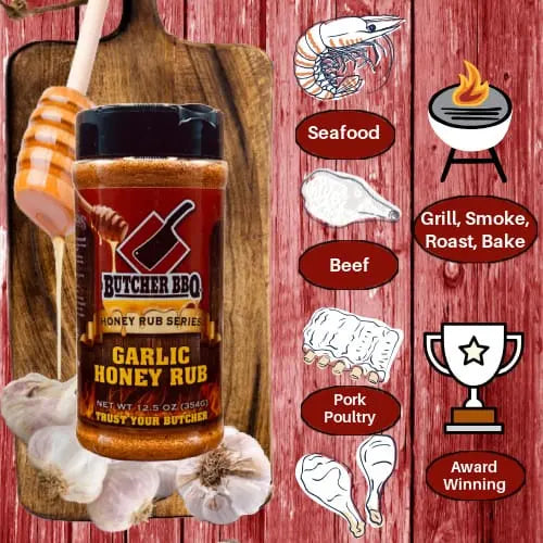 Butcher BBQ Garlic Honey Rub on a wooden board with cooking-related illustrations on a red background