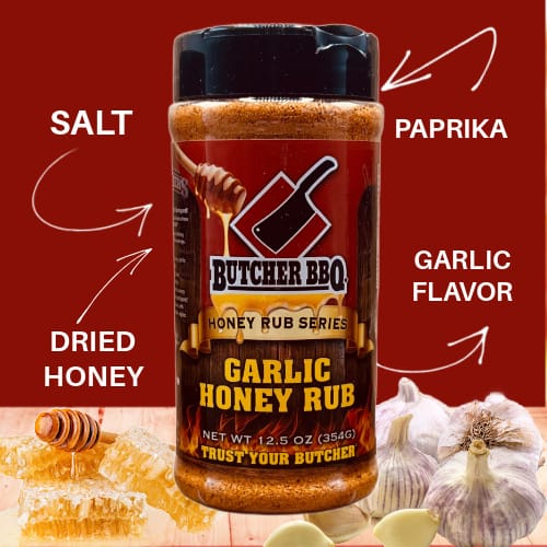 Butcher BBQ Garlic Honey Rub with ingredients labeled on a red background