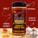 Butcher BBQ Garlic Honey Rub with ingredients labeled on a red background