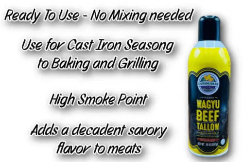 Bottle of Wagyu Beef Tallow with text on a white background