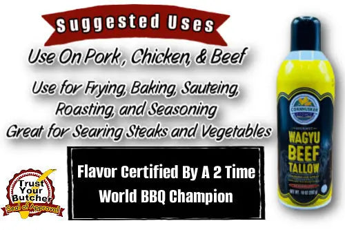 Wagyu Beef Tallow bottle with text about suggested uses and certification on a white background