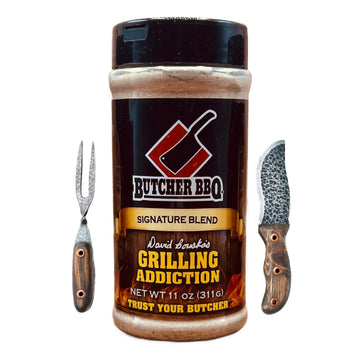 Butcher BBQ seasoning jar with a fork and knife on a white background