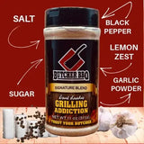 Butcher BBQ seasoning blend with labeled ingredients on a red background