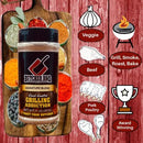 Butcher BBQ seasoning blend bottle with grilling accessories and text on a wooden background