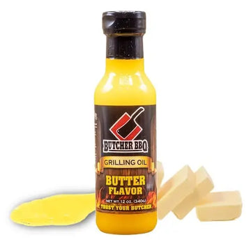 Butter-flavored grilling oil bottle with a label on a white background