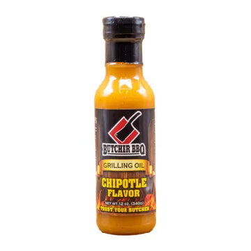 Bottle of Butcher BBQ Chipotle Flavor grilling oil on a white background