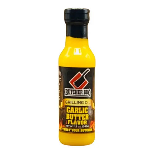 Bottle of Butcher BBQ Garlic Butter Flavor grilling oil on a white background