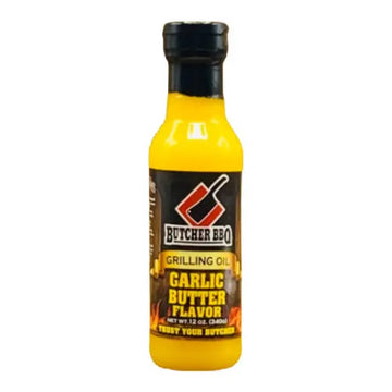 Bottle of Butcher BBQ Garlic Butter Flavor grilling oil on a white background
