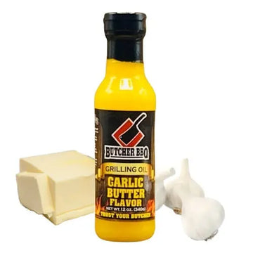 Butcher BBQ Garlic Butter Flavor grilling oil bottle with butter and garlic on a white background