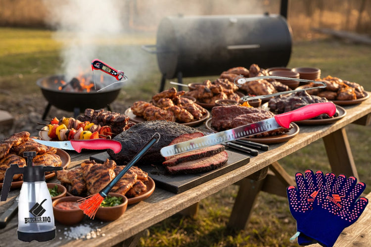 Picnic table with grilled food and outdoor cooking equipment on a grassy background