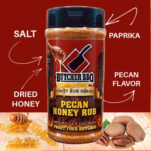 Butcher BBQ Pecan Honey Rub jar with ingredients listed on a red background