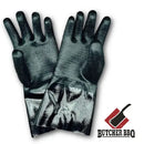 Pair of black gloves with a Butcher BBQ logo on a white background