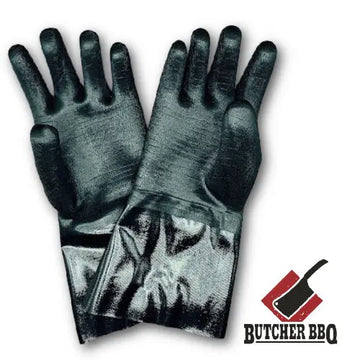 Pair of black gloves with a Butcher BBQ logo on a white background