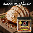 A jar of Butcher BBQ Bird Booster Turkey Brine placed in front of sliced cooked turkey on a wooden cutting board, with the text 'Juices are Flavor' above. The product label is visible and the scene is styled as a food marketing image.