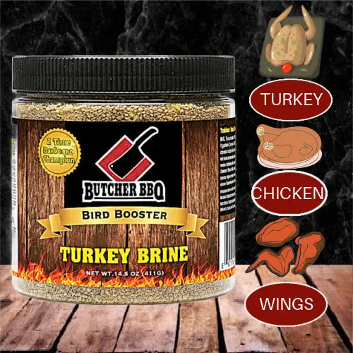 A jar of Butcher BBQ Bird Booster Turkey Brine on a wooden surface against a dark marbled background, with graphic callouts on the right showing Turkey, Chicken, and Wings.
