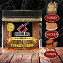 A jar of Butcher BBQ Bird Booster Turkey Brine on a wooden surface against a dark marbled background, with graphic callouts on the right showing Turkey, Chicken, and Wings.