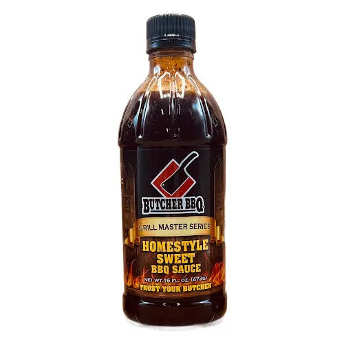 Bottle of Butcher BBQ Homestyle Sweet BBQ Sauce on a white background