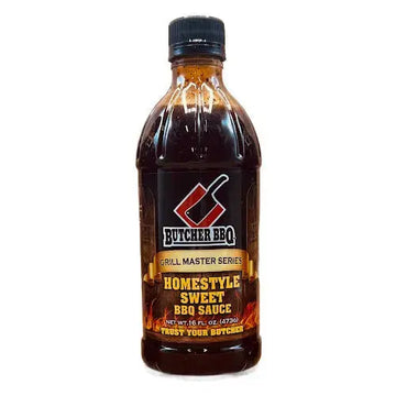 Bottle of Butcher BBQ Homestyle Sweet BBQ Sauce on a white background