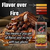 A bottle of Butcher BBQ Honey Pineapple BBQ Glaze shown next to a pile of cooked meat glazed with the product, with large text reading 'Flavor over Fire' and a small color scale labeled Sweet, Mild, Medium, Hot.