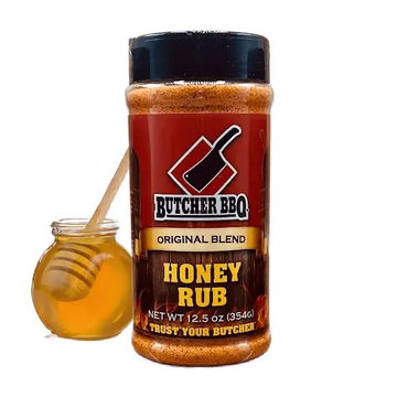 Butcher BBQ Honey Rub jar with a small jar of honey on a white background