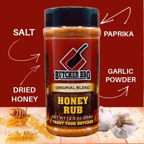 Butcher BBQ honey rub jar with ingredients labeled on a red background