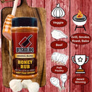 Butcher BBQ honey rub jar on a wooden board with cooking-related illustrations on a red background