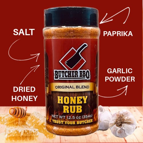 Butcher BBQ honey rub jar with ingredients labeled on a red background
