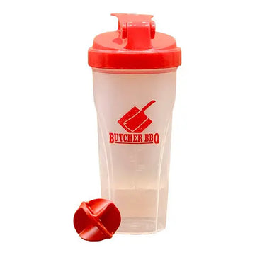 Clear shaker bottle with red lid and 'Butcher BBQ' logo on a white background