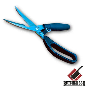 Blue and black shears on a white background with 'Butcher BBQ' logo.