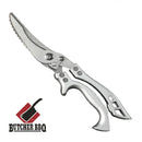 Stainless steel kitchen shears with a 'Butcher BBQ' logo on a white background