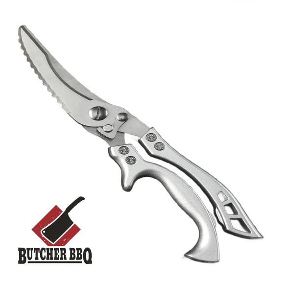 Stainless steel kitchen shears with a 'Butcher BBQ' logo on a white background