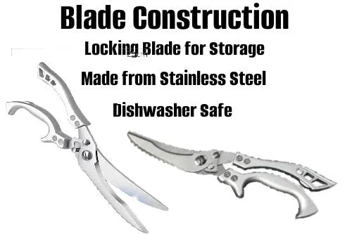 Poultry shears with text about blade construction on a white background