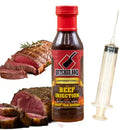 Butcher BBQ beef injection bottle with sliced beef and a syringe on a white background