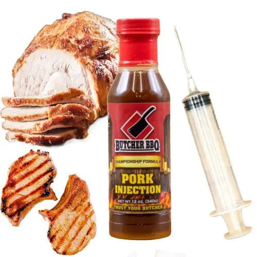 Butcher BBQ pork injection bottle with sliced pork and a syringe on a white background