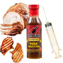 Butcher BBQ pork injection bottle with sliced pork and a syringe on a white background