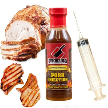 Butcher BBQ pork injection bottle with sliced pork and a syringe on a white background