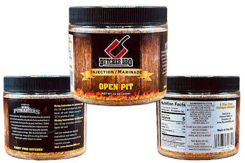 jar of open pit pork injection from Butcher BBQ with 3 jars showing complete label to read.