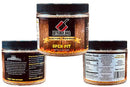 jar of open pit pork injection from Butcher BBQ with 3 jars showing complete label to read.