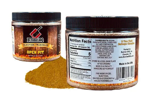 jar of open pit pork injection from Butcher BBQ showing front and back label