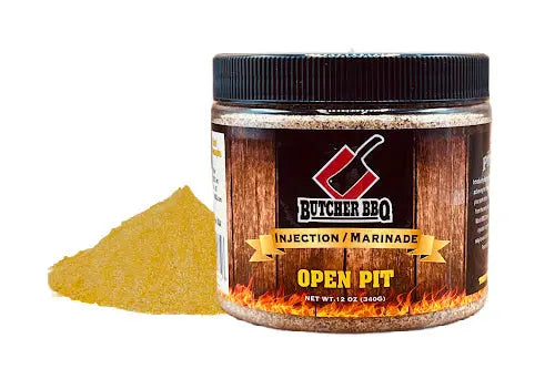 jar of open pit pork injection from Butcher BBQ with product in view setting beside it.